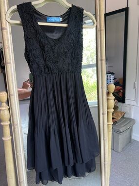 Black Sleeveless Rosette Bodice Pleated Babydoll Dress